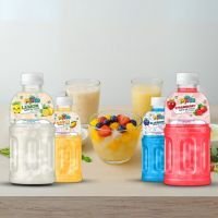 Colorful nata de coco fruit mix with mango, berries, and creamy coconut beverages, styled for a healthy tropical dessert presentation